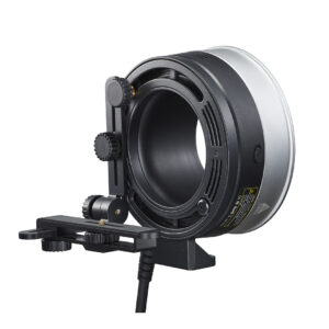 Godox FLB-90 Quick Rotating Camera Bracket Kit for R1200 -valokuvakameran kiinnityssarjassa on säätöpainikkeet, suuri pyöreä aukko ja liitetty virtajohto, joka on suunniteltu valokuvaus- tai videokuvauslaitteille, kuvassa tavallisella valkoisella pohjalla.