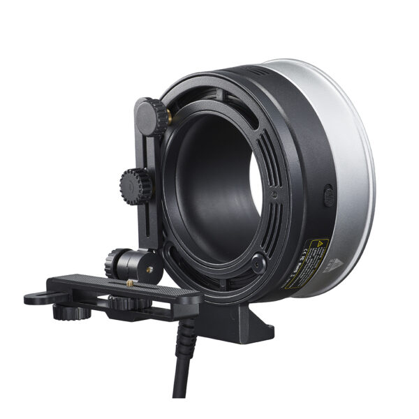 Godox FLB-90 Quick Rotating Camera Bracket Kit for R1200 -valokuvakameran kiinnityssarjassa on säätöpainikkeet, suuri pyöreä aukko ja liitetty virtajohto, joka on suunniteltu valokuvaus- tai videokuvauslaitteille, kuvassa tavallisella valkoisella pohjalla.