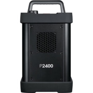Godox P2400 on musta kannettava voimala, jossa on kahva päällä, tuuletusritilä keskellä ja etupuolella merkintä "P2400".