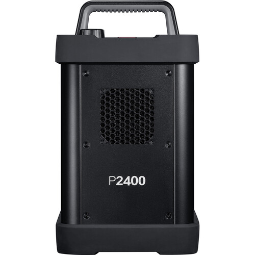 Godox P2400 on musta kannettava voimala, jossa on kahva päällä, tuuletusritilä keskellä ja etupuolella merkintä "P2400".