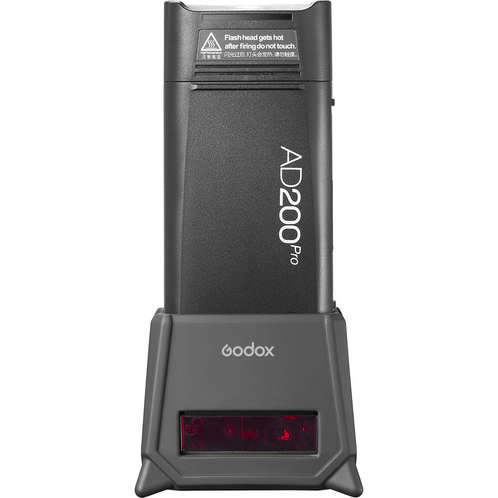 The Godox AD200Pro Silicone Fender is pictured upright on a flat surface and features a black design with the model name printed on the side in white.