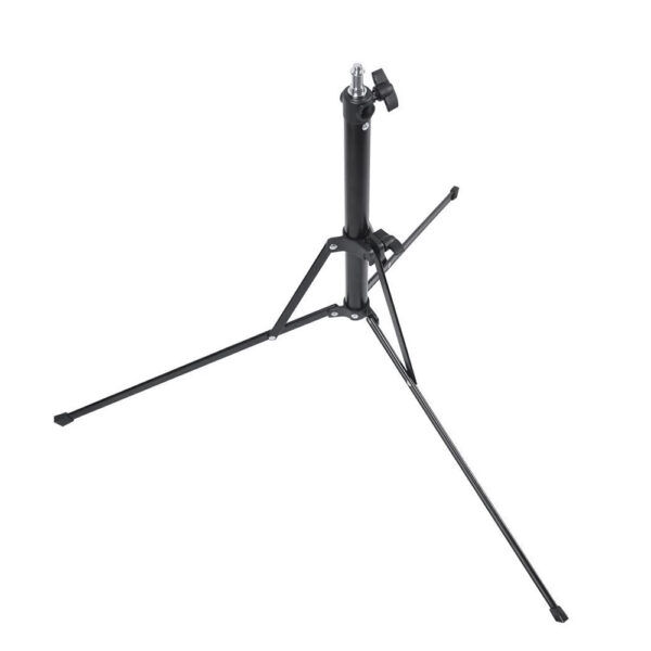 Godox Witstro Tripod on musta jalusta, jossa on kolme pidennettyä jalkaa ja säädettävä keskitanko valojen tai kameroiden kiinnittämistä varten valkoisella pohjalla.