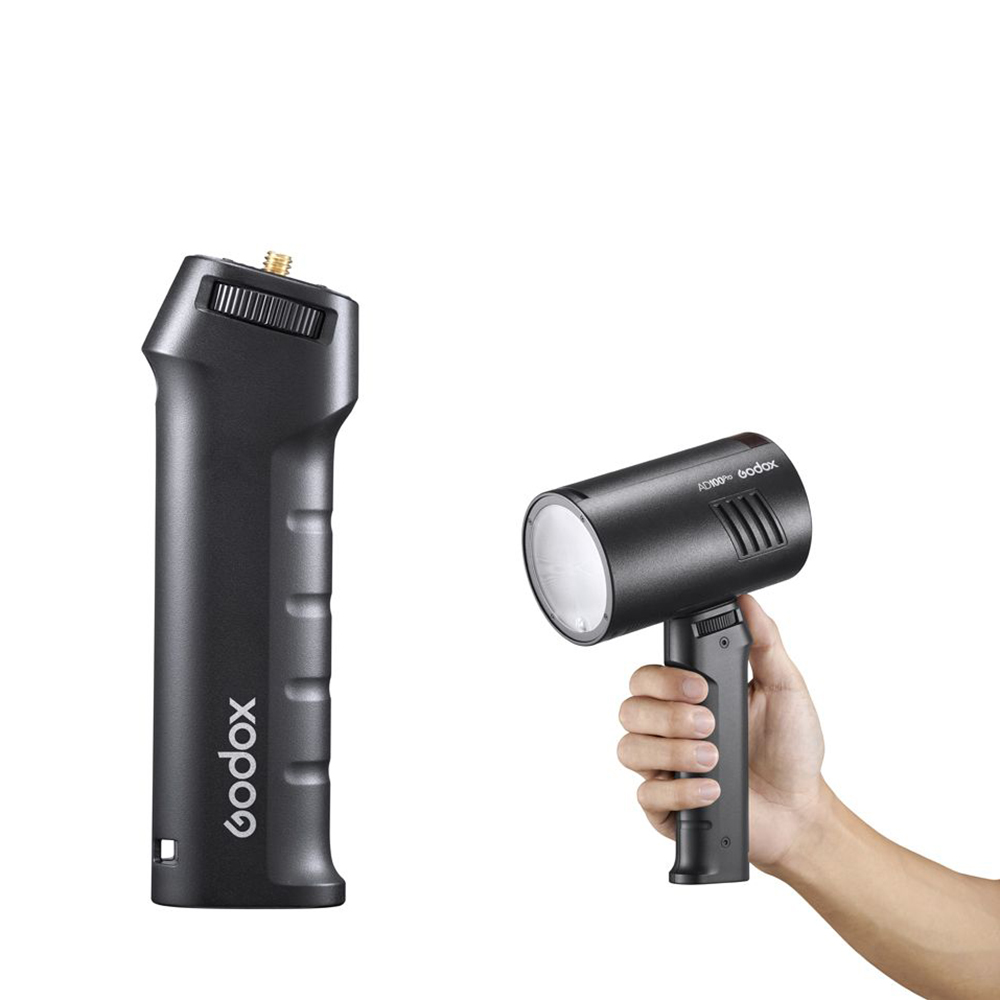 On the left is the Godox Flash Grip Handle AD100/200/300 in black, and on the right is a Godox compact studio light attached to the same handle. Both are shown against a white background.