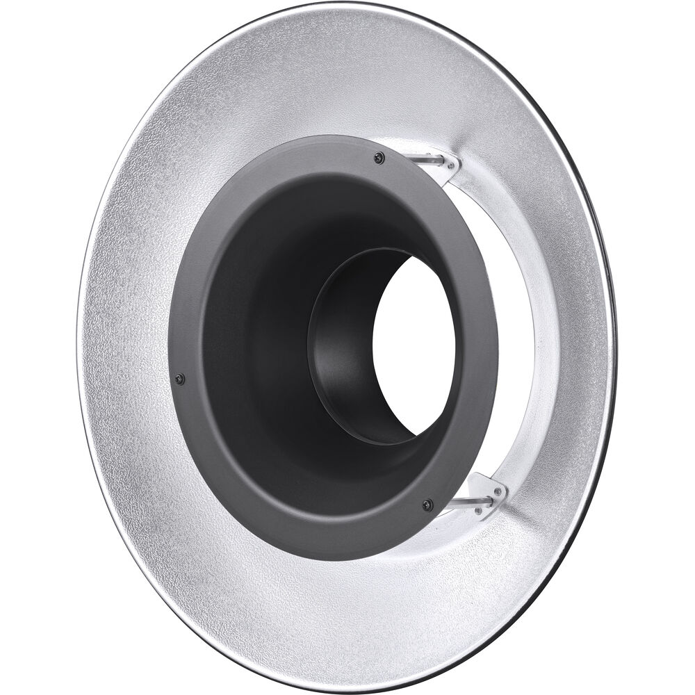 Godox Reflector with Silver Interior for R200 on hopeanvärinen ja musta beauty dish, jossa on keskiaukko ja kuvioitu ulkopinta, joka on suunniteltu hajottamaan ja pehmentämään studiovalaistusta.