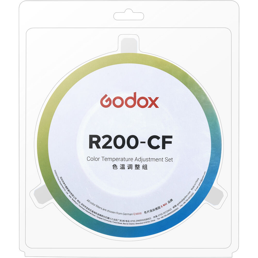 Pyöreä pakkaus, jossa on Godox R200 CF Color Gel Kit -merkintä englannin- ja kiinankielisellä tekstillä, jossa on kaltevuusreunus ja kirkas muovinen ulkokotelo.