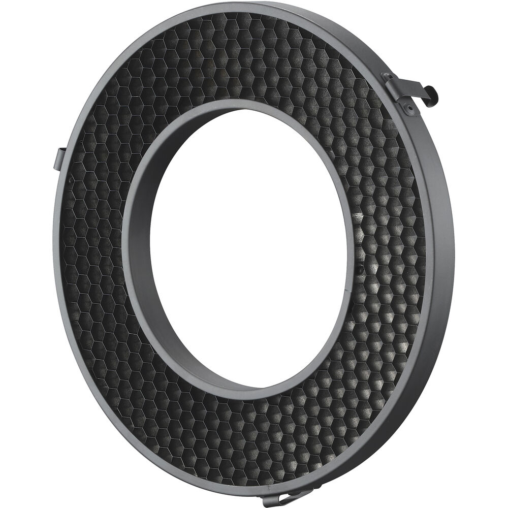 Godox Honey Comb Grid 40 for R200 on pyöreä, musta metalliritilä, jossa on suuri keskiaukko ja joka on suunniteltu kiinnitettäväksi pyöreiden studiovalojen tai salamaheijastimien etuosaan.