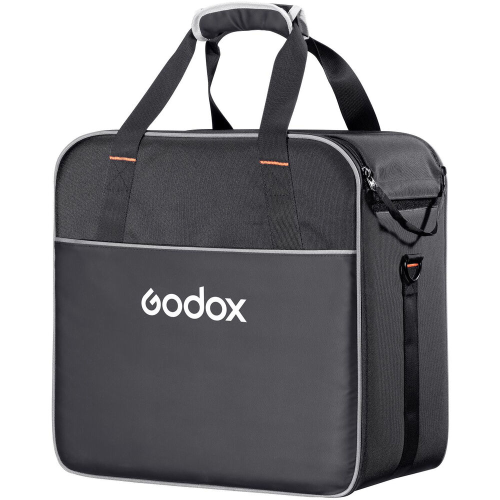 The Godox carrying case for the AD200 is black and grey, with double handles, shoulder strap and padded top handle, shown against a white background.
