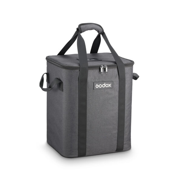 Godox CB-25 -kantolaukku P2400:lle on harmaa, suorakulmainen pehmustettu laukku, jossa on mustat kahvat, sivuhihnat ja vetoketju. Etupuolella on Godoxin logo.