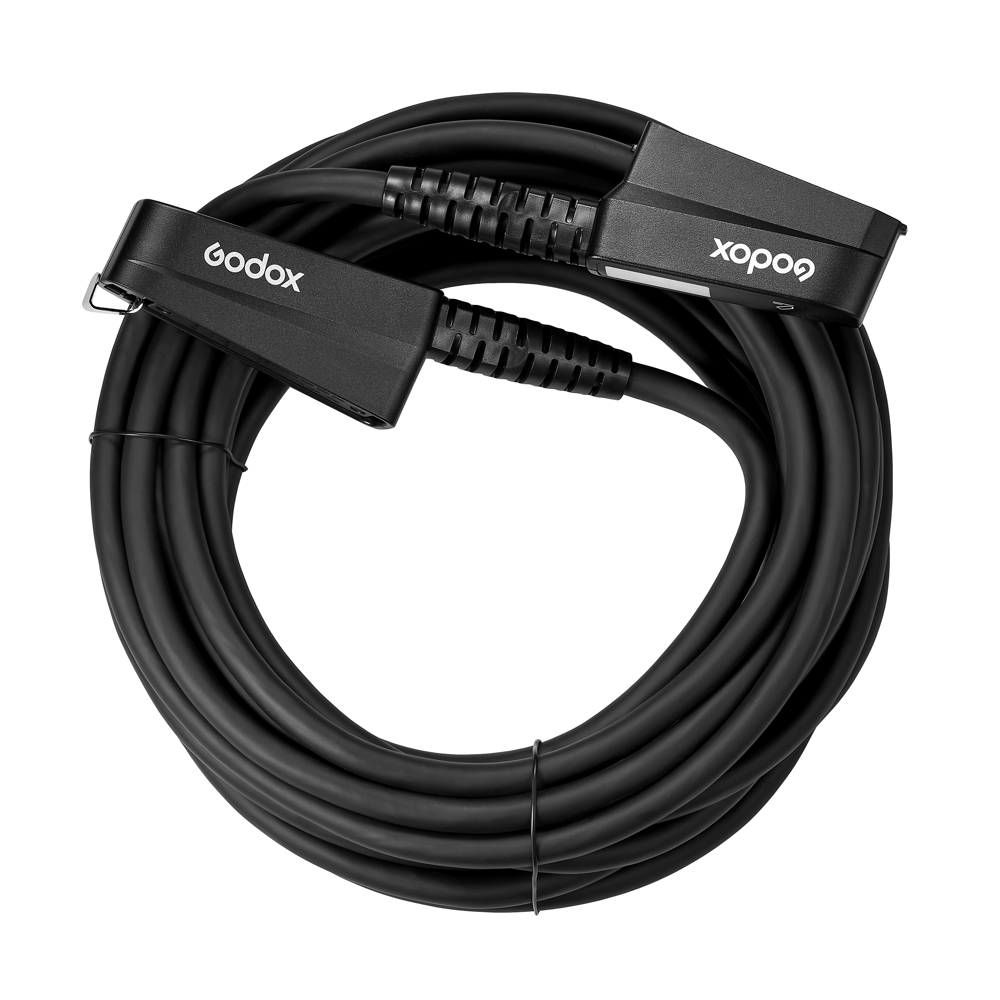 Musta Godox Extention Power Cable for P2400 - 10m, jossa on kaksi suorakulmaista liitintä, joissa on Godox-merkintä, valkoisella pohjalla.