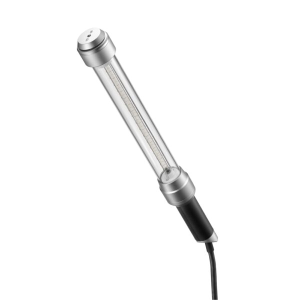 Godox AD-S200 Stick Flash Head on lieriömäinen LED-työvalaisin, jossa on läpinäkyvä putki, hopeanväriset päätykappaleet ja musta kahva, joka on kiinnitetty virtajohtoon.