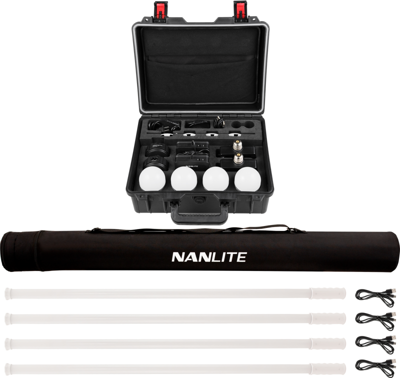 NANLITE Pavotube T8-7X-4 Light Kit & Pavobulb 10C 4 Bulb Kit -valaisinsarjassa on kuvassa kova kantolaukku, musta NANLITE-putkikotelo, neljä putkivaloa, neljä lamppua, tarvikkeet ja latauskaapelit valkoisella pohjalla.
