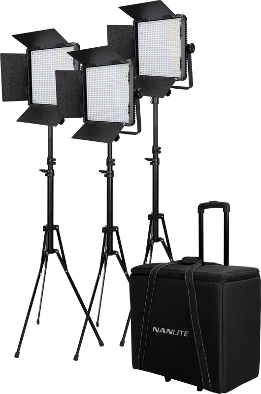 The NANLITE 3 Light Series 600CSA includes three LED panels on adjustable stands, placed side by side and fronted by the supplied trolley with wheels and handles.