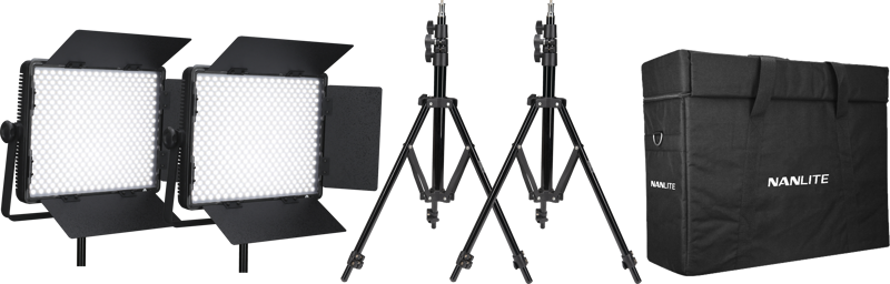 The NANLITE 2 Light Kit 900CSA includes two LED panel lights with barn doors, three black adjustable light stands and a NANLITE-branded carrying case, all displayed side by side on a white background.