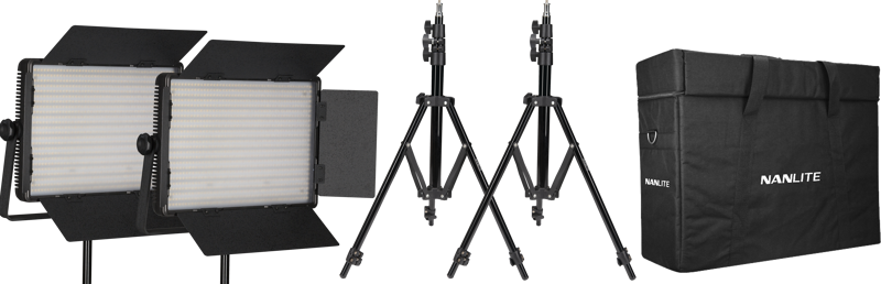 The NANLITE 2 Light Kit 1200CSA includes two LED panel lights with barn doors, two light stands and a black Nanlite carrying case, all on a white background.