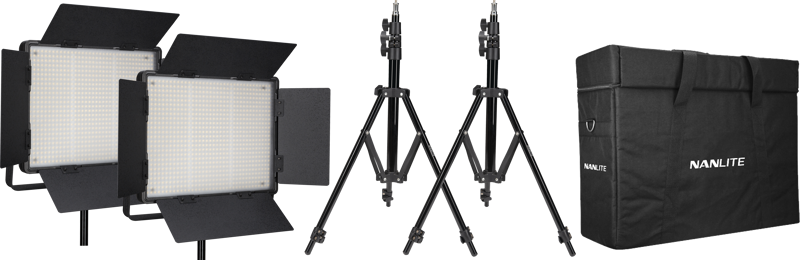The NANLITE 2 light set 900DSA includes two LED panel lights with barn doors, two adjustable light stands and a large black carrying case.