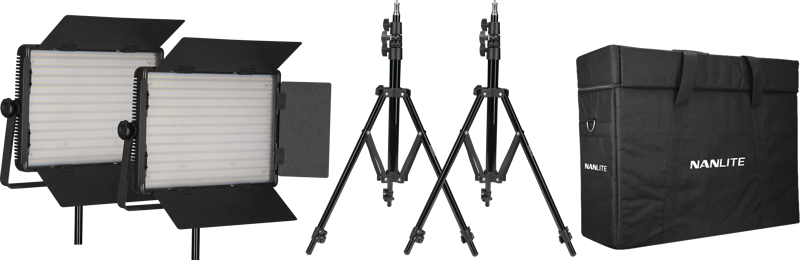The NANLITE 2 light set 1200CSA, with two LED panel lights on barn doors, two black tripod stands and a Nanlite carrying case, is presented against a plain background.