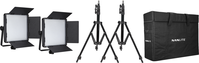 The NANLITE 2 Light Kit 600DSA, which includes two LED panel lights with barn doors, three adjustable black light stands and a large NANLITE carry case, is arranged against a white background.