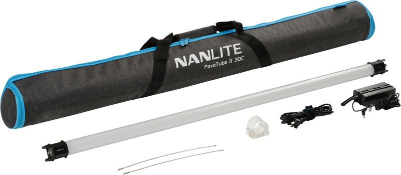 NANLITE Pavotube II 30C LED RGBWW tube light kit with grey housing, power supply, cables, mounting clip and two metal wire clips on white base.