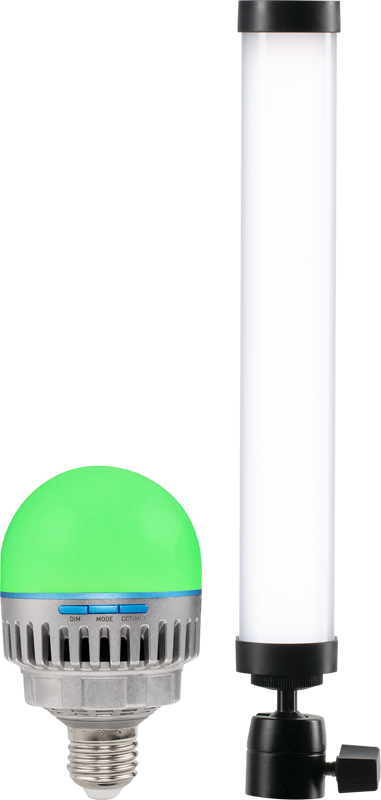 NANLITE-sarja Nanlite Pavotube 6C II & Pavobulb 10C 1+1 sisältää vihreäkärkisen LED-lampun ja sylinterimäisen, putkimaisen LED-lampun, jossa on musta pohja, molemmat pystyssä valkoisella pohjalla.