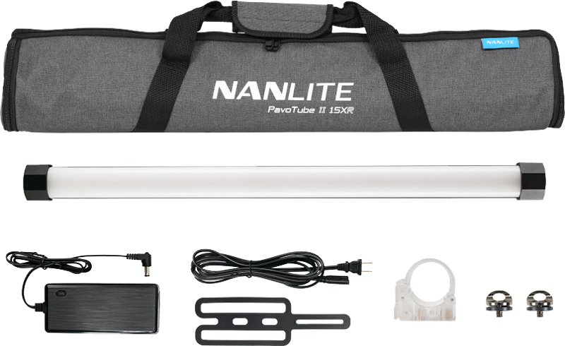 The NANLITE PavoTube II 15XR 1KIT LED tube luminaire with carrying case, power supply, mounting brackets, straps, clips and instruction manual is neatly arranged on a white background.