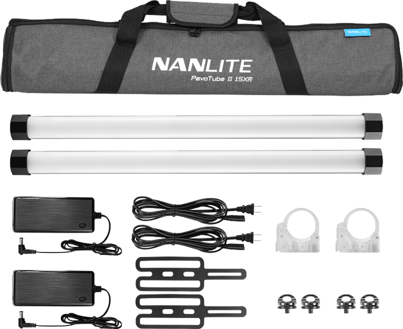 The NANLITE PavoTube II 15XR 2KIT LED tube light kit includes two tubes, adapters with wires, clear brackets, mounting clips and a grey carrying case neatly arranged on a white background.