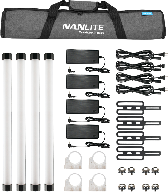 The NANLITE PavoTube II 15XR 4KIT LED tube light includes four tube lights, four power supplies with wires, eight mounting brackets, four clear mounting clips, eight screws and a padded carrying case.
