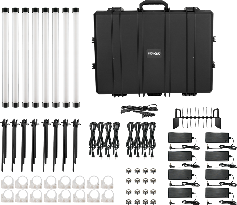 The NANLITE PavoTube II 15XR 8KIT LED Tube Luminaire includes eight LED tubes, a large black housing, power adapters, cables, fasteners, light stands, mounting brackets and accessories neatly arranged on a white background.