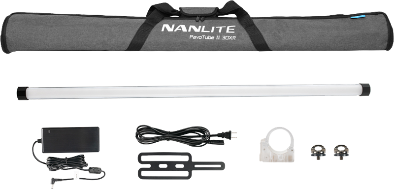 NANLITE PavoTube II 30XR 1KIT LED tube light includes grey carrying case, tube light, power adapter and cable, mounting bracket, transparent bracket and two metal mounting rings, all shown in white.