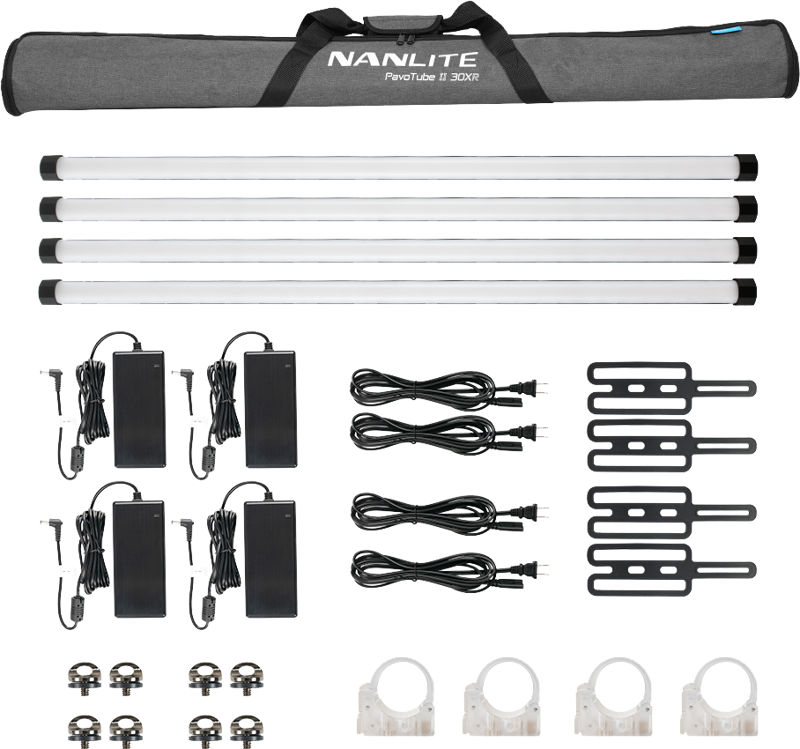 NANLITE PavoTube II 30XR 4KIT LED tube light kit with four tubes, carrying case, power supplies, brackets, cables, clamps and accessories neatly arranged on a white background.