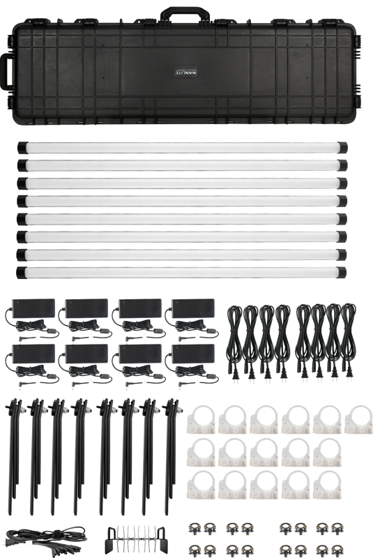 The NANLITE PavoTube II 30XR 8KIT LED tube light is presented in its hard case, with eight LED tubes, power adapters and cables, stands, brackets, clamps, rings and screws - all neatly arranged on a white background.