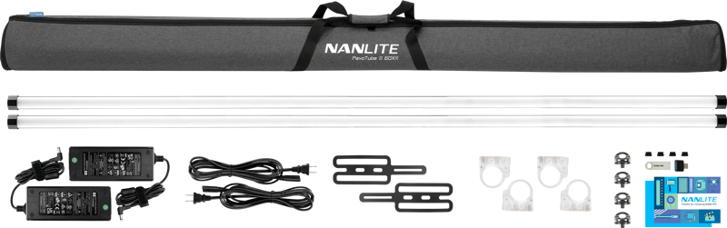 NANLITE PavoTube II 60XR 2KIT-S LED tube light kit includes two LED tubes, grey carrying case, two power supplies with wires, brackets, fasteners, screws, remote control and instructions on white background.
