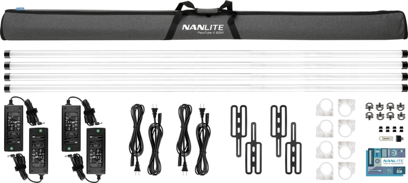 The NANLITE PavoTube II 60XR 4KIT-S LED tube light kit includes four tube lights, power supplies with wires, mounting brackets, holders, screws and a padded carrying case, all neatly displayed on a white background.