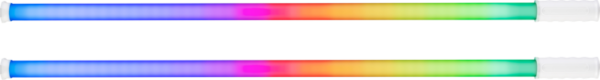 The NANLITE PavoTube T8-7X 2 series has two horizontal shades, going from blue through violet, red, orange, yellow and green to light green on a white background.