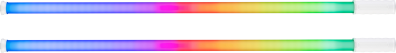 The NANLITE PavoTube T8-7X 2 series has two horizontal shades, going from blue through violet, red, orange, yellow and green to light green on a white background.