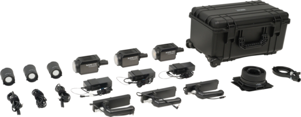 The NANLITE Forza 60B II 3 Kit Bi-color Spot Light includes three bi-color spot lights, power adapters, cables, three lens mounts, three handles, a large black hard case and other camera accessories.