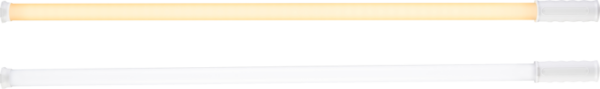 Two NANLITE PavoTube T8-7X luminaires are placed horizontally on a white background: the upper tube glows with a warm yellowish light, while the lower one emits a cool white light.