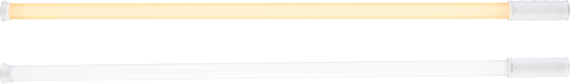 Two NANLITE PavoTube T8-7X luminaires are placed horizontally on a white background: the upper tube glows with a warm yellowish light, while the lower one emits a cool white light.