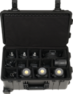 The hard black carrying case with foam compartments holds the NANLITE Forza 60B II 3 Kit Bi-color Spot Light, including three LED lights, cables and accessories, all neatly arranged inside.
