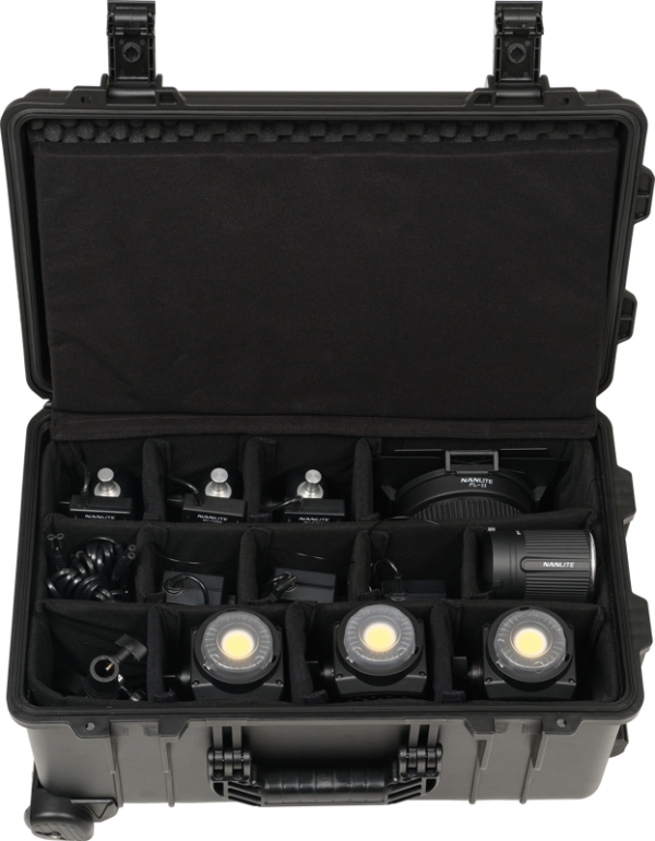 The hard black carrying case with foam compartments holds the NANLITE Forza 60B II 3 Kit Bi-color Spot Light, including three LED lights, cables and accessories, all neatly arranged inside.