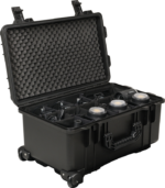 The open NANLITE Forza 60B II 3 Kit Bi-color Spot Light housing contains several LED spotlights arranged in foam-lined compartments. The black hard-shell case has wheels and a sturdy handle for easy transport.