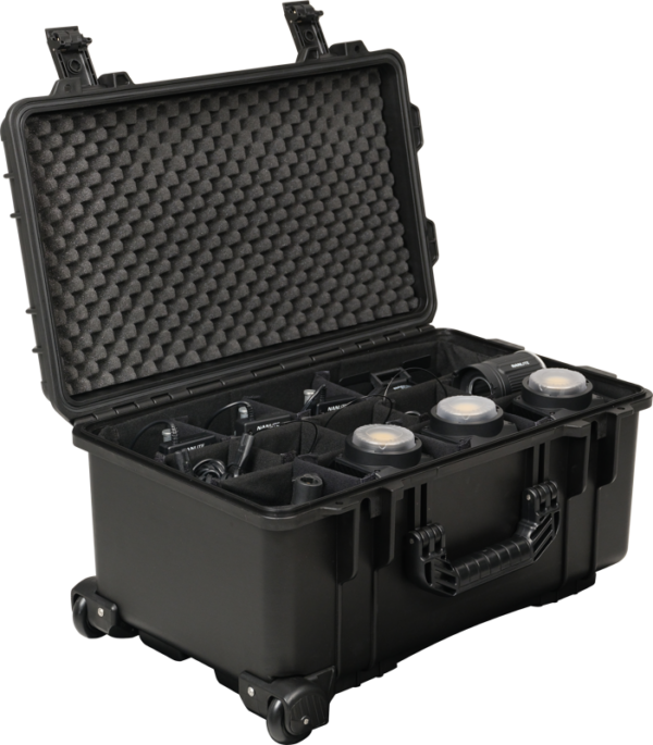 The open NANLITE Forza 60B II 3 Kit Bi-color Spot Light housing contains several LED spotlights arranged in foam-lined compartments. The black hard-shell case has wheels and a sturdy handle for easy transport.