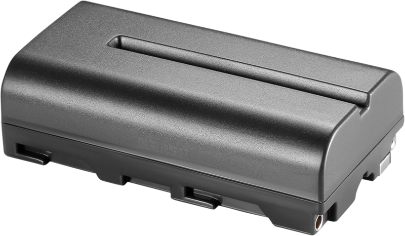 NANLITE-akku 2000mAh NP-F-tyyppi on suorakaiteen muotoinen, tummanharmaa ladattava kamera-akku, jossa on sileä pinta ja pienet sivuliittimet.