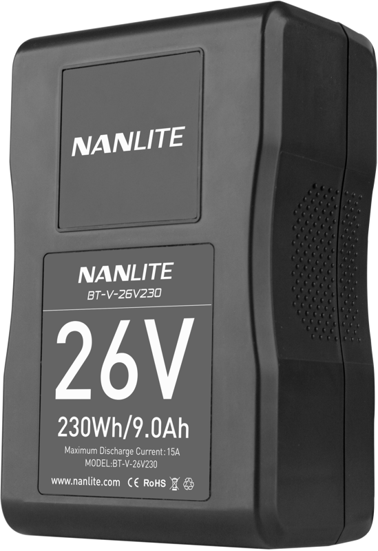 The black NANLITE battery V-mount 26V 230Wh, marked BT-V-26V230, contains 26V, 230Wh/9.0Ah, Max Discharge Current: 15A and certification icons at the bottom.