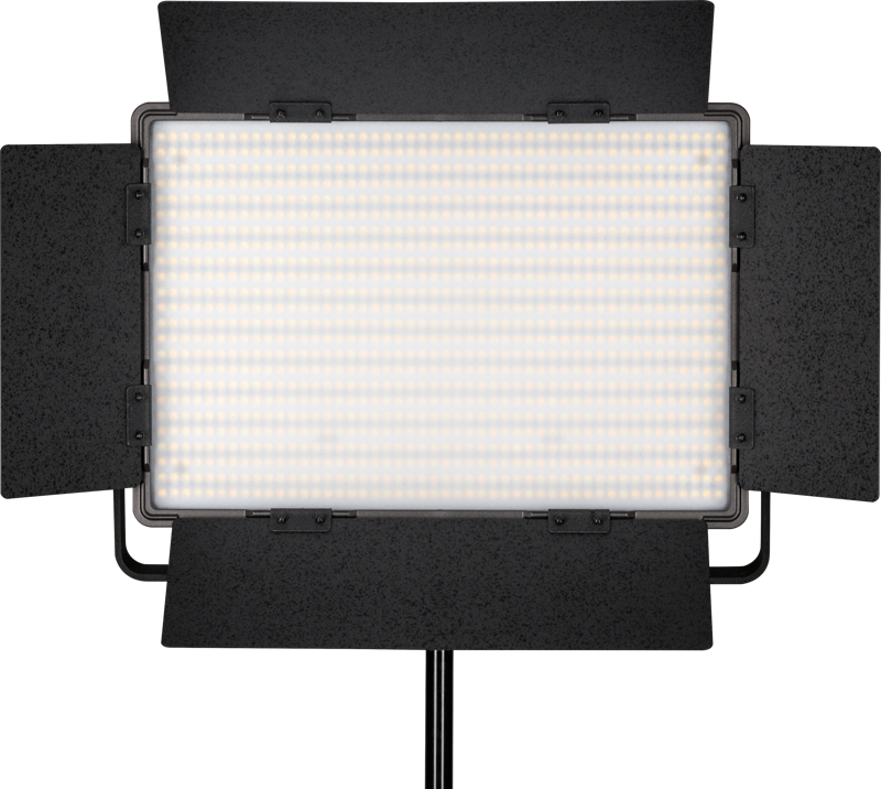 NANLITE 1200DSA 5600K LED panel with DMX control, a rectangular studio light with four adjustable black barn doors, mounted on a stand, illuminated and facing forward against a plain background.
