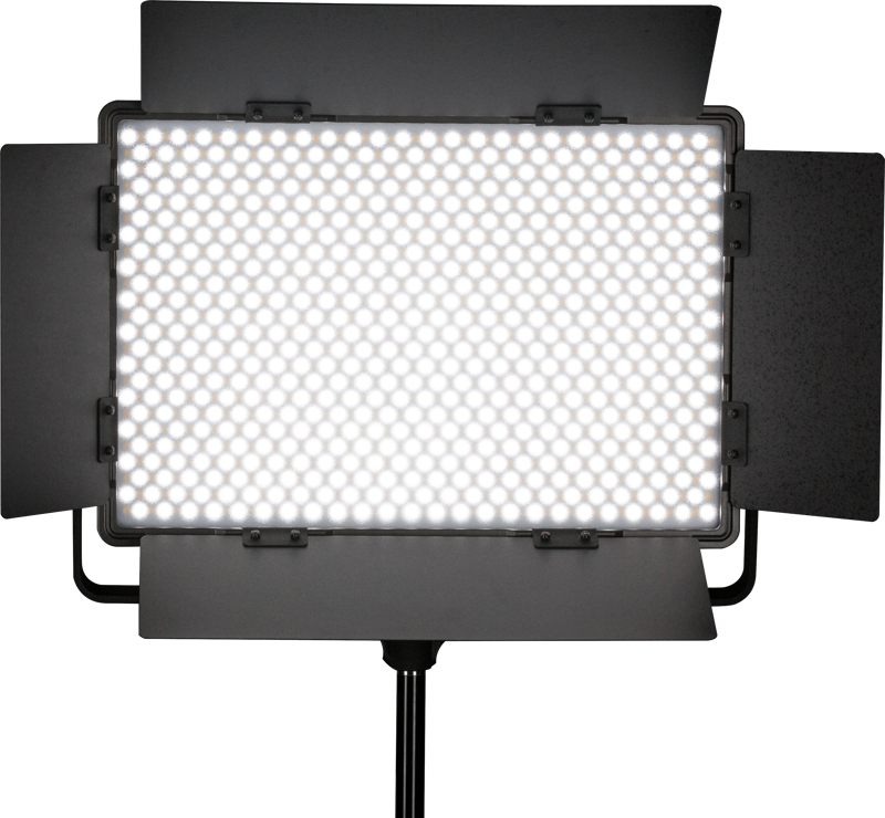 The NANLITE 1200CSA Bicolor LED panel with honeycomb mesh and adjustable black barn doors is mounted on a stand and switched on to provide bright illumination.