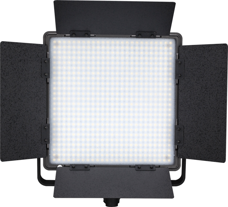The DMX-controlled NANLITE 600DSA 5600K LED panel features a square design and four adjustable black metal barn doors that are illuminated and oriented forward against a plain background.