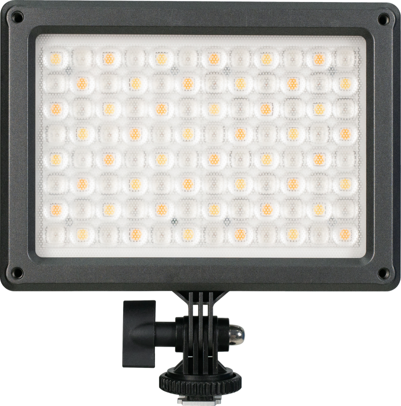 NANLITE MixPad 11C II RGBWW LED-paneelissa on suorakulmainen muotoilu, jossa on useita pieniä LED-valoja ruudukossa, joka on asennettu säädettävään mustaan jalustaan tavallista taustaa vasten.