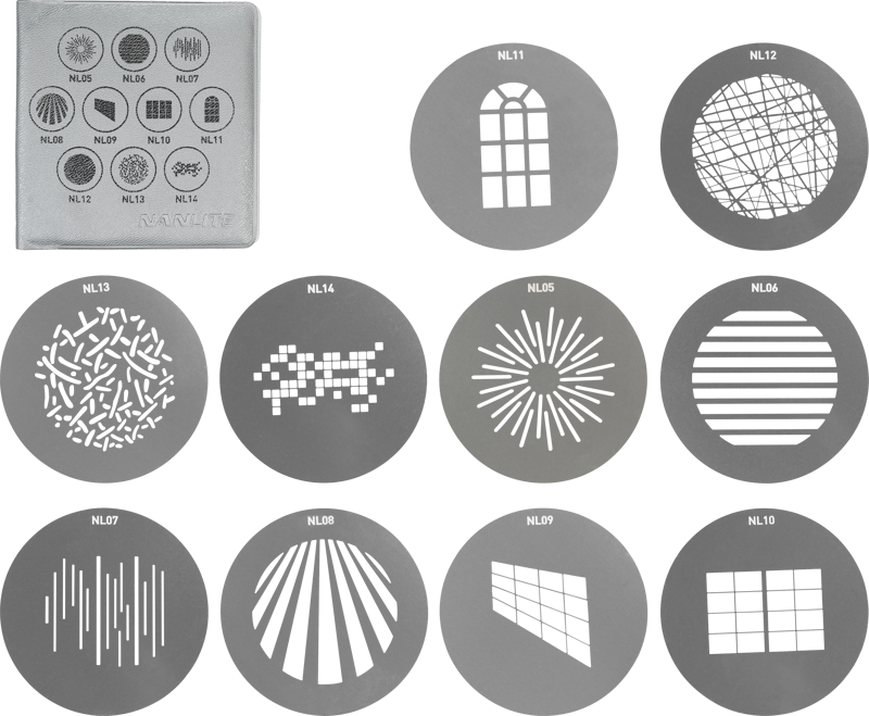 NANLITE GOBO Set 1 for PJ-FMM sisältää yksitoista pyöreää metallista sabluunaa, joissa on erilaisia geometrisia leikattuja kuvioita - viivoja, ristikoita, auringonpilkkuja, ikkunoita - järjestettynä ruudukkoon, jonka vasemmassa yläkulmassa on merkitty säilytyspussi.