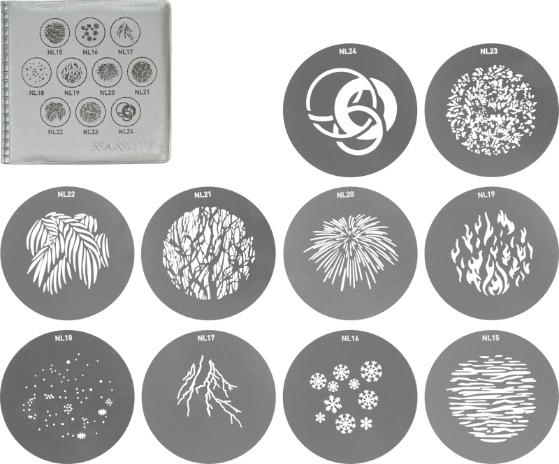 NANLITE GOBO Set 2 for PJ-FMM sisältää kymmenen pyöreää metallista sablonia, joissa on kuvioita, kuten lumihiutaleita, liekkejä, kasveja, ilotulitteita ja abstrakteja kuvioita, jotka on esitetty kotelossa, jossa on pienet kaaviot kustakin sabloonasta.