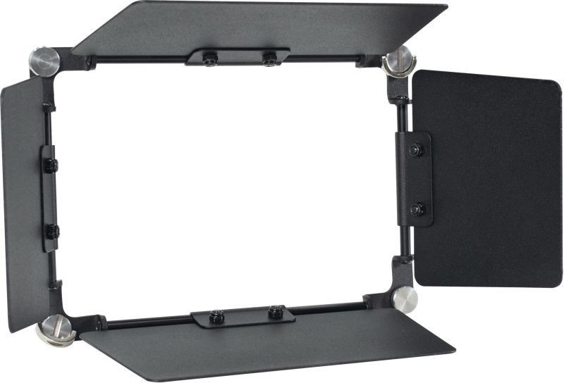 NANLITE Barndoor for MixPad II 11C on suorakulmainen musta metallinen valonmuokkain, jossa on säädettävät läpät kaikilla sivuilla, kuvassa auki, ja jota käytetään studiovalon suunnan ohjaamiseen ja muokkaamiseen.